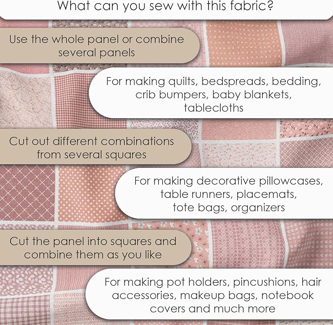 Cotton Satin Patchwork Fabric Panel – 35 Designs, 20×20 cm Squares, Single Piece 150×110 cm, Blush Pink Quilt Fabric (Peach Tones Geometric & Floral Set, 35pcs 8x8 inch)