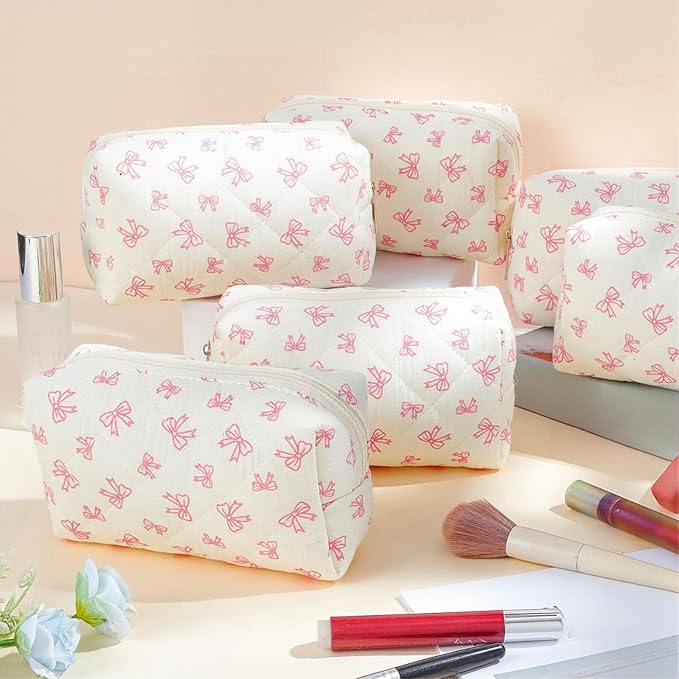 Paterr 6 Pcs Quilted Makeup Bag Bulk for Women Girls Birthday Valentine's Day Bridesmaid Gifts Cute Cotton Cosmetic Pouch Bow Floral Coquette Aesthetic Travel Toiletry Bag(Little Bow,White)