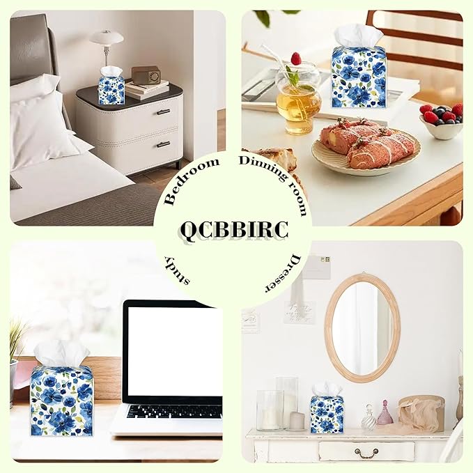 Blue Blooming Floral Flower and Plants Tissue Box Cover Square Leather Tissue Holder Waterproof Facial Paper Organizer Dispenser Cube Paper Cover Case for Home Office Bathroom Vanity Countertop