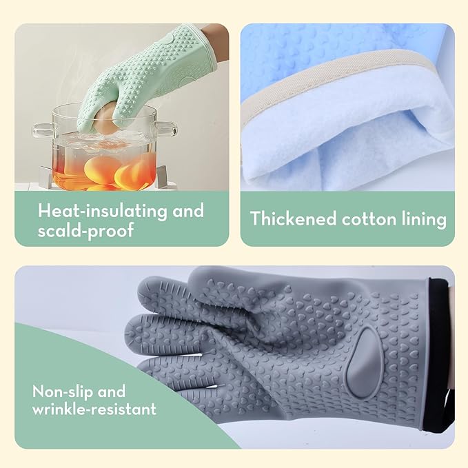 Silicone Oven Mitts Ven Gloves with Fingers Pot Holders and Oven Mitts Heat Resistant Kitchen Baking Cooking Barbecue Accessories 2 Pack Green