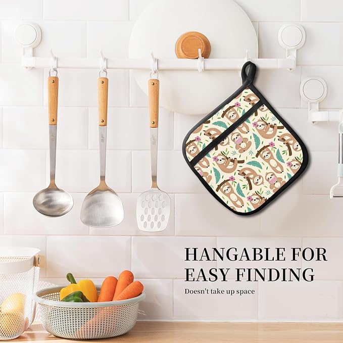 Pot Holders for Kitchen, Heat Resistance Hot Pads, Cute Potholder with Pocket for Kitchen Cooking Baking 2 Packs, Cute Sloths