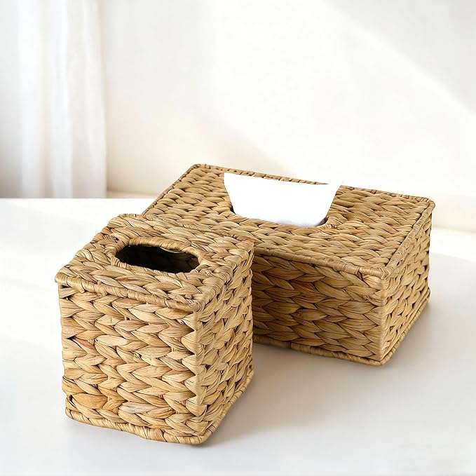 KALEKAIL Rectangular Tissue Box Cover Compatible with 100-180 Sheets of Kleenex Water Hyacinth Rectangle Tissue Box Rattan Tissue Box Holder Rectangular, Hand Woven Wicker Tissue Holder