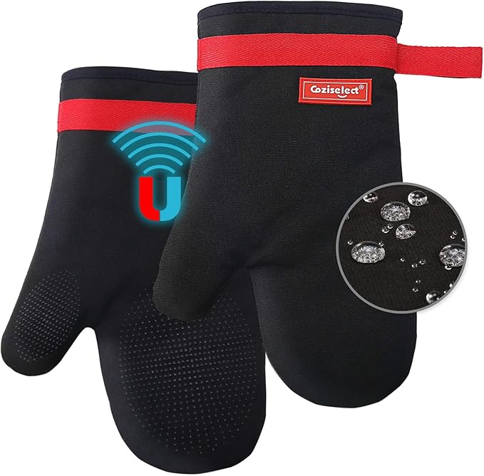 Silicone Oven Mitts, Magnetic Oven Mitt Set, Cotton Oven Mits Heat Resistant, Anti-Slip Hot Mitts for Kitchen, Cooking, Baking, Grilling, Black