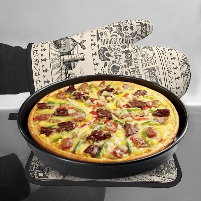 Farmhouse Oven Mitts and Pot Holders Set of 2, Vintage Cow Farm Animal Oven Gloves Rooster Hot Pads Heat-Resistant Non-Slip Kitchen Accessories Gloves Potholders for Chef Baking BBQ Cooking Gifts