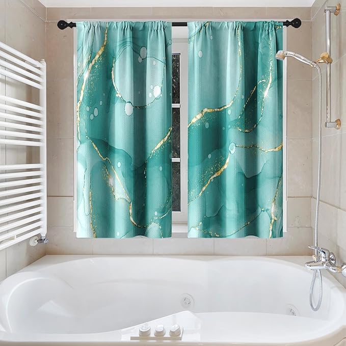 Culudea Mint Green Marble Gold Shower Curtain Set, Teal Turquoise Blue Abstract Bathroom Window Waterproof Shower Curtain Set for Bathroom Decor