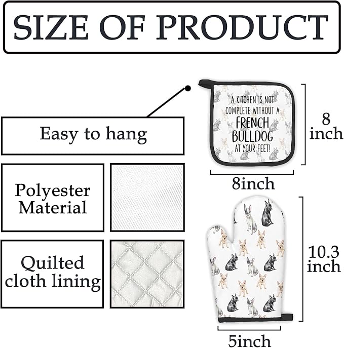 French Bulldog Dog Oven Mitts and Pot Holders Sets, Frenchbulldog Gifts Kitchen Accessories Sets, Complete Without a French Bulldog Heat Resistant Oven Glove Potholders for Kitchen Baking