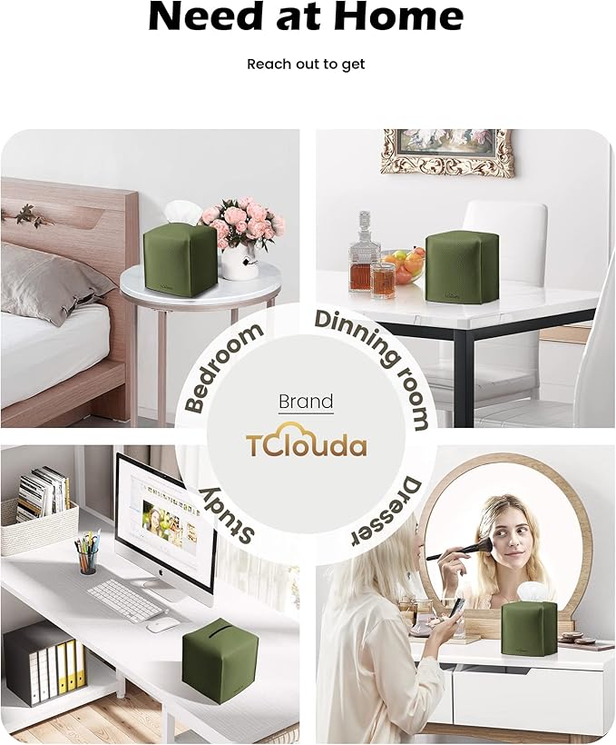 Tclouda Tissue Box Cover for PU Leather, Modern Simple Solid Color Holder Square Tissue Bag, Ideal for Bathrooms,Office,Car,Nightstand,Outdoor Tent,Dining Table,5"X5"X5", Double Green