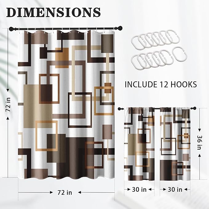 Culudea Geometric Vintage Brown Shower Curtain Set, Abstract Modern Line Bathroom Window Waterproof Shower Curtain Set for Bathroom Decor