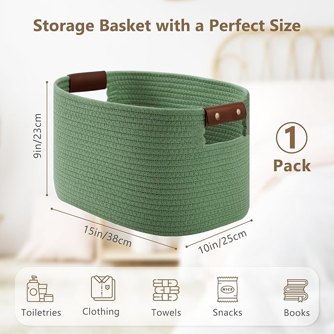 ECDYQXVU Cotton Rope Basket, Storage Baskets with Handle, 15x10x9 Inch Woven Basket for Shelves, Laundry, Towels, Clothes, Books (Green 1Pack)