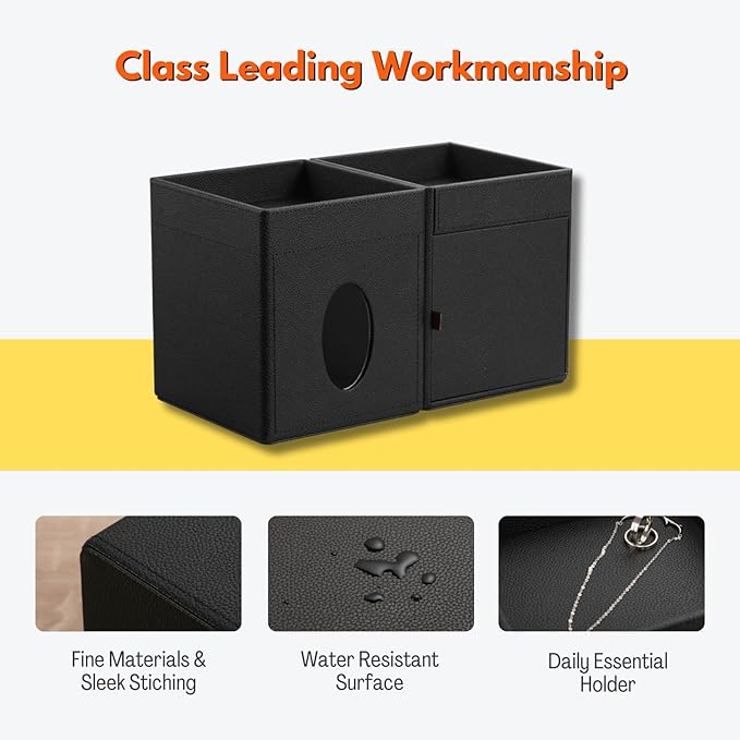 LAMOTI Leather Tissue Box Cover with Storage Tray, Square Facial Tissue Box Holder for Bathroom, Office Table, Countertop, Night Stand & More (Black)