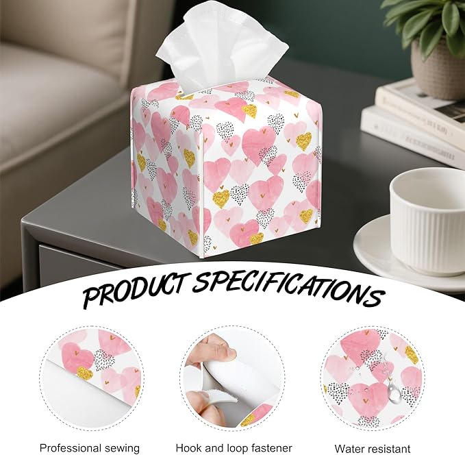 Romantic Hearts Tissue Box Cover,PU Leather Tissue Box Holder Square,Modern Home Decoration for Bathroom Living Room Kitchen Office Car,5.2"×5.2"×5.2"