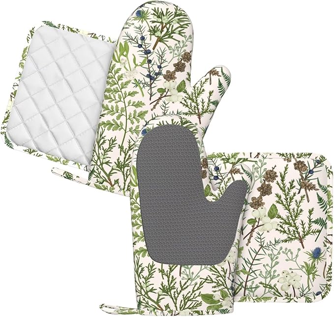 Botanical Print Oven Mitts and Pot Holders Set of 4 Silicone Vintage Floral Spring Sage Green Flower Plant Kitchen Mitten Gloves and Farmhouse Potholders Set Oven Gloves Hot Holders