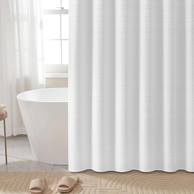 TURKIO White Waffle Shower Curtain, Waffle Weave Striped Shower Curtain Hotel Luxury White Fabric Shower Curtains for Bathroom