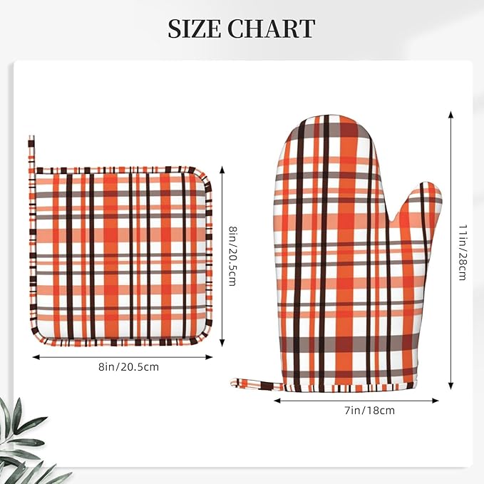 Orange Black Buffalo Plaid Fall Oven Mitts and Pot Holders Set, 4pcs Silicone Oven Glove for Kitchen Heat Resistant Oven Mitts and Potholders Non-Slip for Cooking
