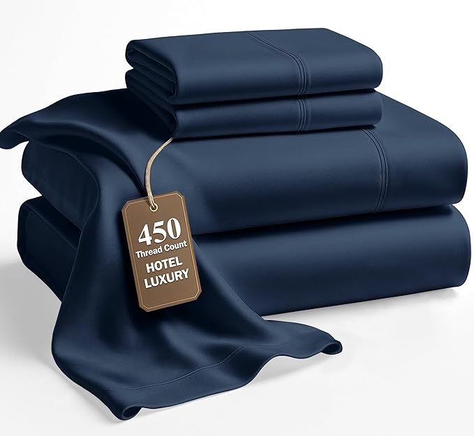 LANE LINEN 100% Cotton Sheets King Size – 450 Thread Count King Size Bed Sheets, Hotel Luxury Soft Silky Sateen Weave, Durable for Year Round Use, Fully Elasticized 15" Deep Pocket – Estate Blue