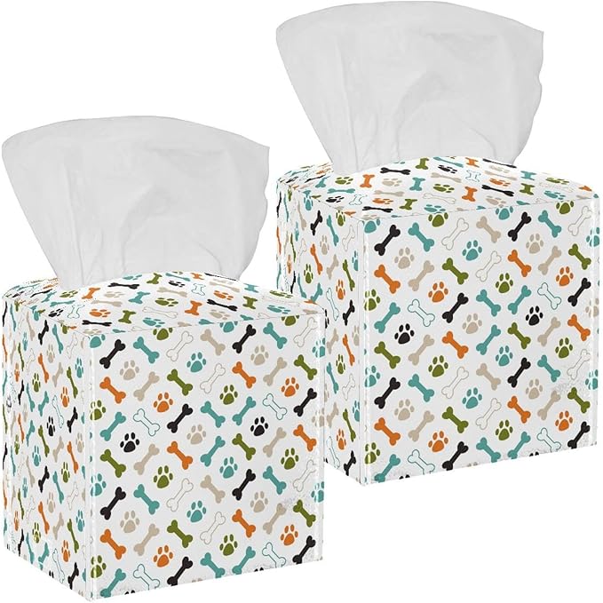 2 Pack Colored Dog Cat Paw Footprint and Bones Tissue Box Cover - Tissue Box Holder, Decorative Tissue Box for Vanity Toilet Tank Dresser Night Stand Table Countertop Office Car