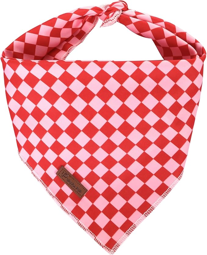 UP URARA PUP Red and Pink Plaid Dog Bandana–Red and Pink Checked Triangle Scarf for Small Medium Large Dogs, Soft Cotton Pet Bib for Dogs, Adjustable Dog Kerchief