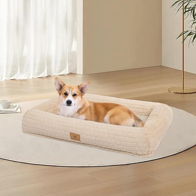 Plush Orthopedic Dog Bed for Medium Large Dogs, Memory Foam Bolster Sofa Bed with Removable Washable Cover, Waterproof Lining & Non-Slip Bottom (Tan-L)
