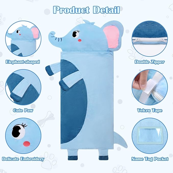 Toddler Nap Mat,Elephant Kids Sleeping Bag 67‘’×27‘’,Extra Large Slumber Bag Thick with Removable Pillow for Girls Boys,Soft Plush Roll Up Sleeping Mat Lightweight for Preschool,Daycare,Travel