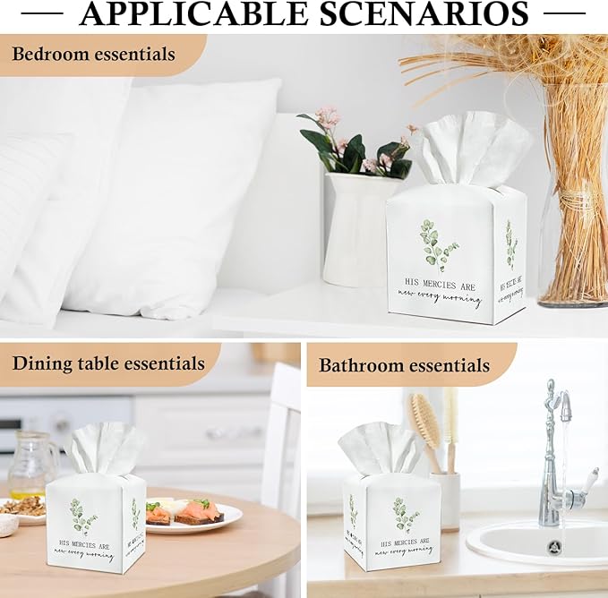 Christian Tissue Box Covers Square - His Mercy are New Every Morning, Leather Tissue Box Holders Decorative for Car Nightstand Home Office Organizer, Square Facial Paper Organizer Home Decor -023