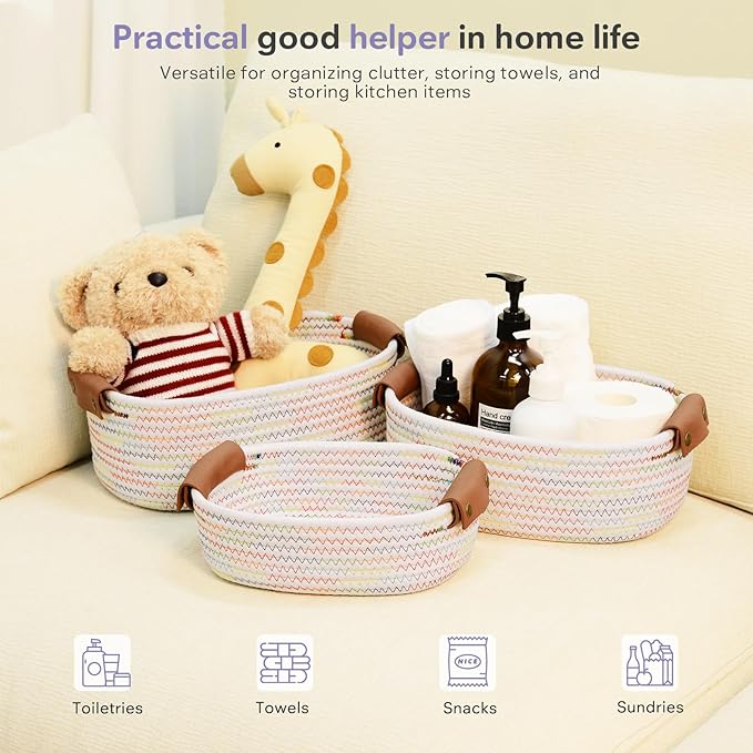 ECDYQXVU 5 Piece Storage Baskets Small Woven Basket with Detachable Leather Handle, Cotton Rope Shelf Baskets for Closet Organizers, Different Sizes Basket Decor, Rainbow