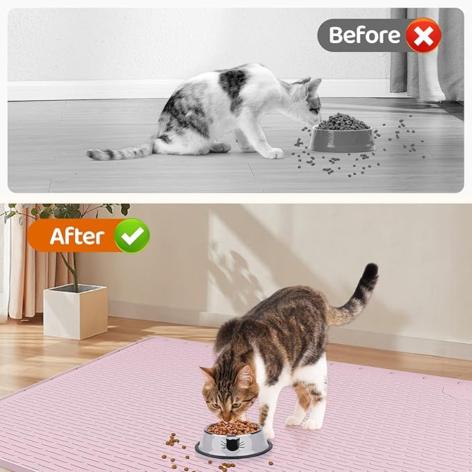 Bartuke Cat Food Mat, 40" x 28" Extra Large Silicone Pet Feeding Mat with Raised Edge Pet Placemat for Food and Water Bowl Non-Slip, Easy to Clean, Floor Protection (Pink)