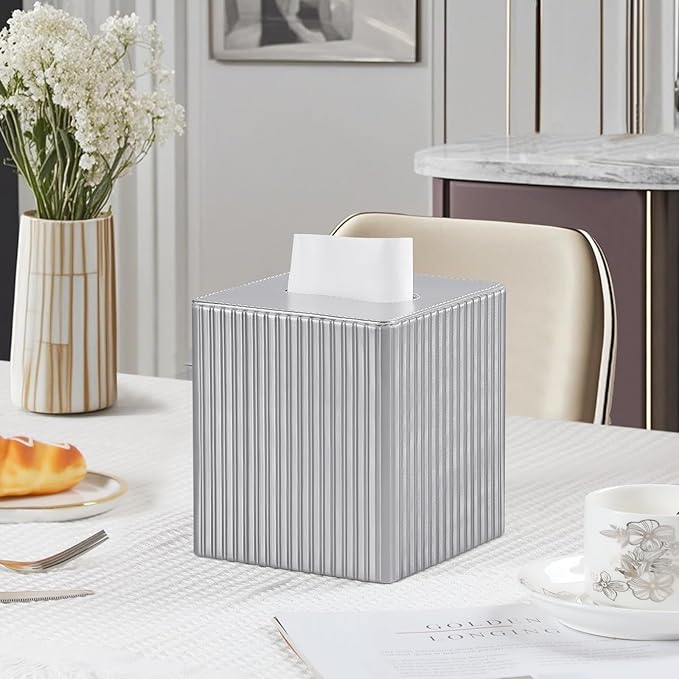MEIBOOCH PU Leather Tissue Box Cover Square, Rectangle Tissue Box Holder with Magnetic Closure, Decorative Tissue Holder for Bathroom Bedroom Office (Shiny Silver, Square)