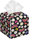 POIUBLE Leather Tissue Box Holder Rainbow Daisy Flower Tissue Box Cover Square Waterproof Tissue Holder Organizer Modern Napkin Holder for Bedroom Dresser Night Stand Office Desk