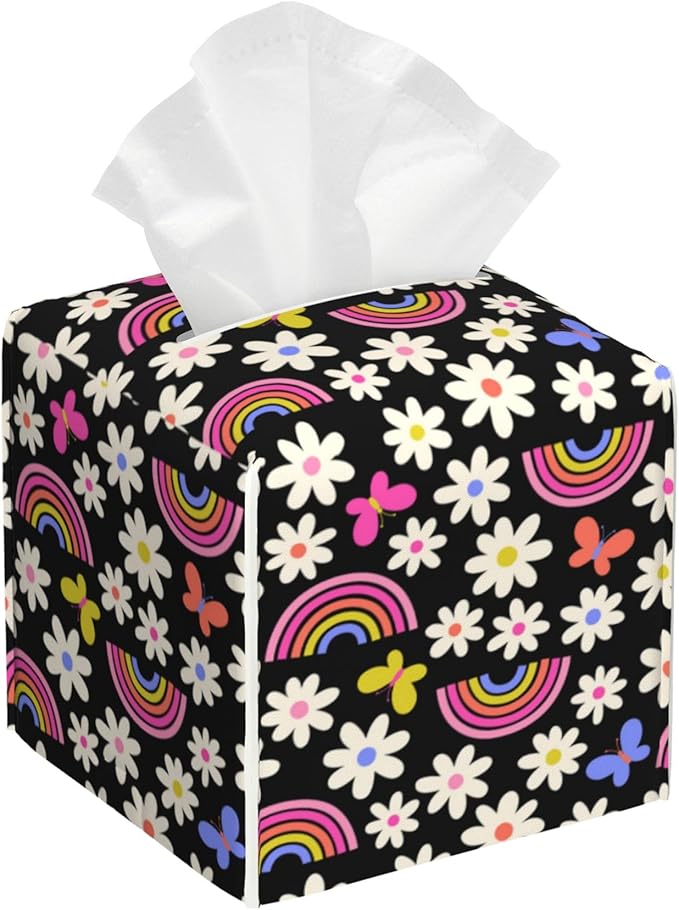 POIUBLE Leather Tissue Box Holder Rainbow Daisy Flower Tissue Box Cover Square Waterproof Tissue Holder Organizer Modern Napkin Holder for Bedroom Dresser Night Stand Office Desk