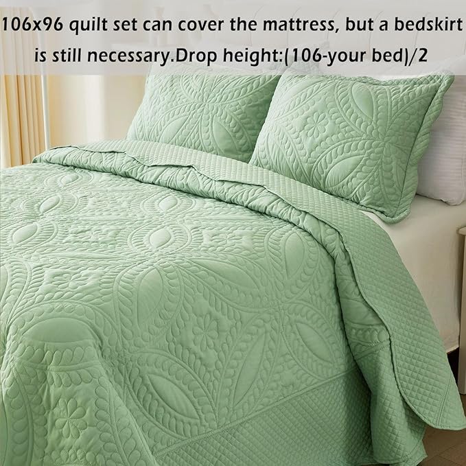 Cmfshape King Bedspread 106"x96",3 Piece King Quilt with 2 Shams,Lightweight Green Quilt Set for All Season,Modern Coin Pattern Bedding Set