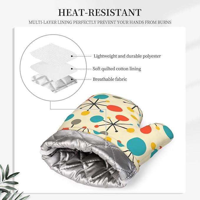 Mid Century Fifties Modern Atomic Retro Colors Oven Mitts and Pot Holders With Apron Set of 5 Silicone Kitchen Mitten and Non-Slip Potholders Apron Set Heat Resistant Oven Gloves Hot Pads Set