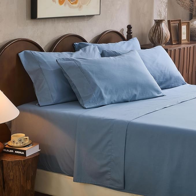 100% Linen Sheet Set Queen Size Extra Deep Pocket Fits 18-24 Inch Mattress, Breathable & Soft, Smooth 6-Piece Set for Thick Mattresses Hotel Luxury Bedding（Queen, Dusty Blue）