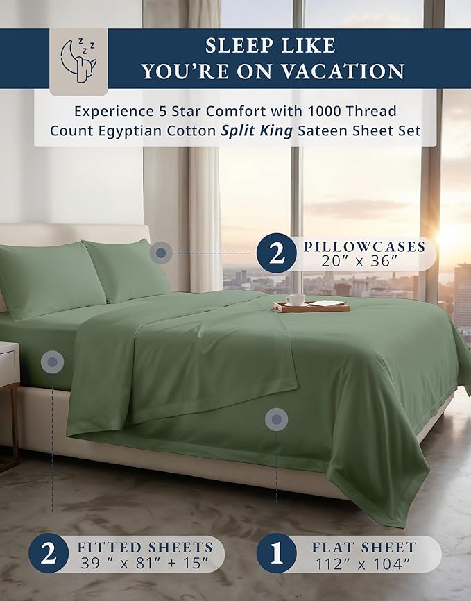 LANE LINEN Split King Sheets for Adjustable Beds - 1000 Thread Count, 5PC Sheets Set, 100% Egyptian Cotton, Cool Breathable & Soft, 2 Fitted Fits Upto 15" Deep Pockets - Iceberg Green