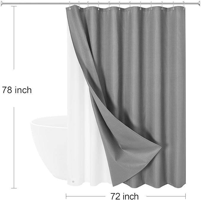 Craidlela 3 in 1 Long Shower Curtain Set-72 W x 78 H, Grey Waffle and PEVA Liner Set with 12 Stainless Steel Hooks, Waterproof Fabric for Bathroom