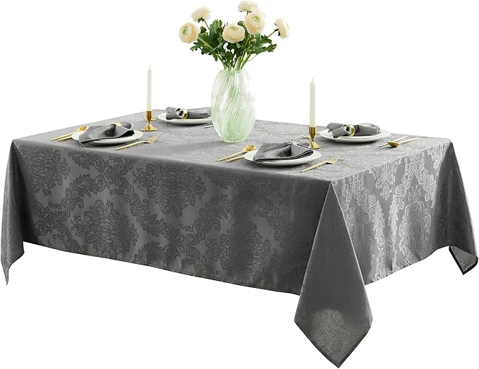 Newbridge Barcelona Damask Fabric Tablecloth, 52 x 70 Inch Rectangle, Grey – No Iron, Soil Resistant Table Cover for Dining, Parties and Holidays