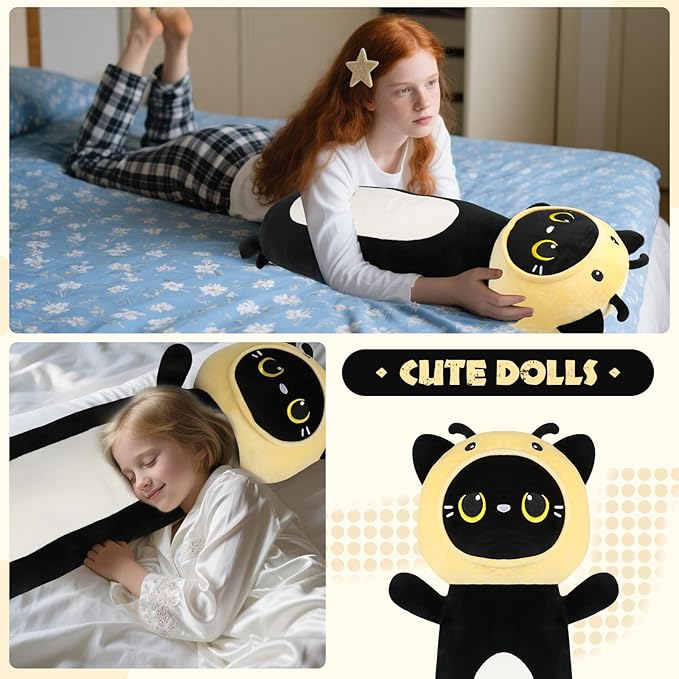 HAIJUNYA 22 inch Bee Black Cat Long Plush Body Pillow Toy, Kitten Plushies with Stuffy Honeybee Oufit Big Stuffed Animals Gfit for Kids Boys Girls, Birthday, Halloween, Christmas