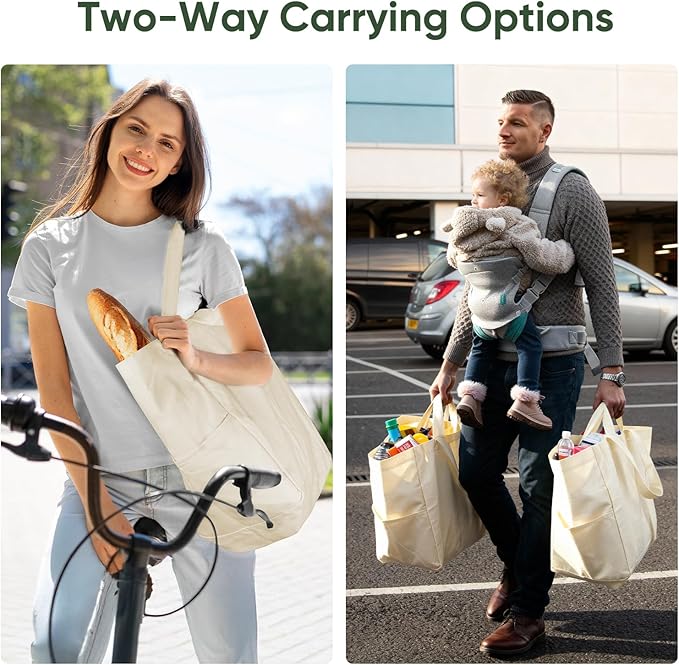 Dwscroad Canvas Tote Bag, Heavy Duty Reusable Grocery Bags with Pockets, Large Shopping Bags (3 Pack)