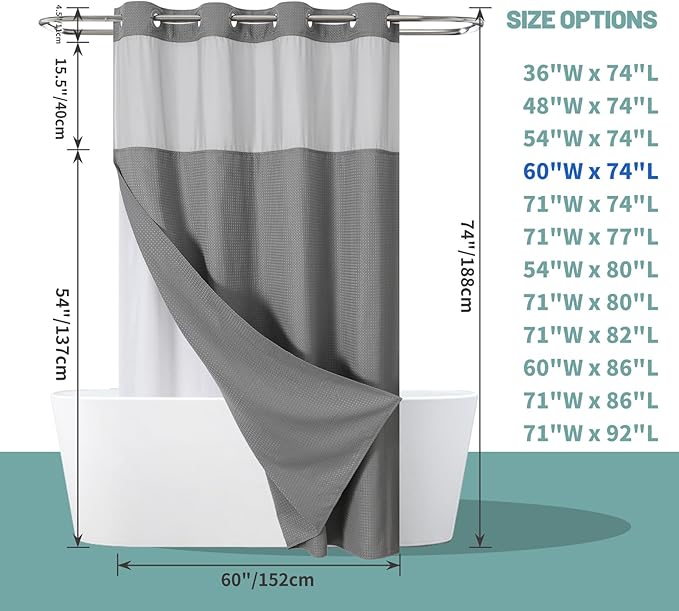 eachope Grey No Hook Waffle Weave Shower Curtain with snap-in Liner Replacement, 230GSM Waterproof Fabric Hotel Shower Curtain Set for Bathroom, Through Mesh Top Window,60Wx74H