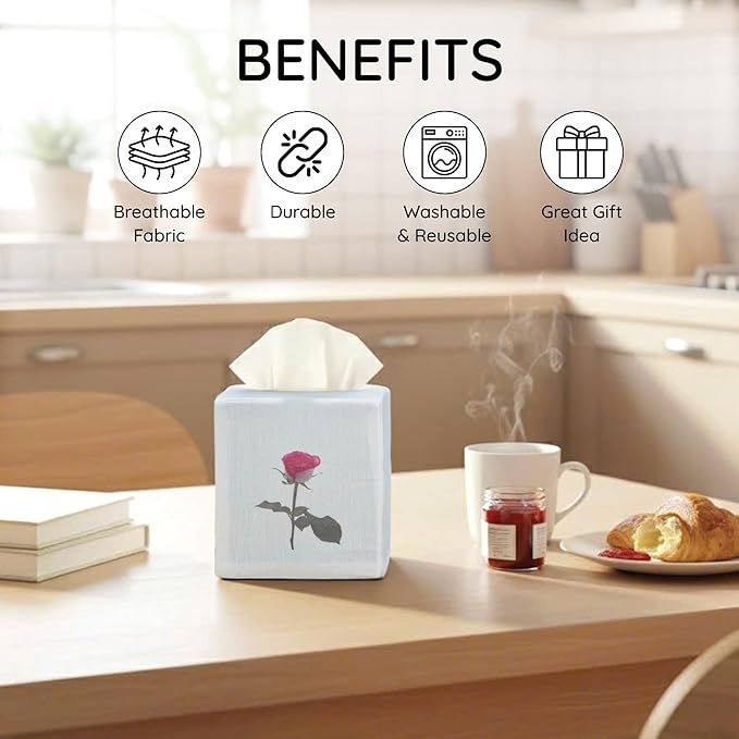 EmbroideryLinen.VN Tissue Box Cover Set of 2, Square Linen Tissue Holder, Printed Floral Design, 4.5x4.5x5.5 Inches, Decorative Holder for Bathroom, Living Room, Office (Rose)