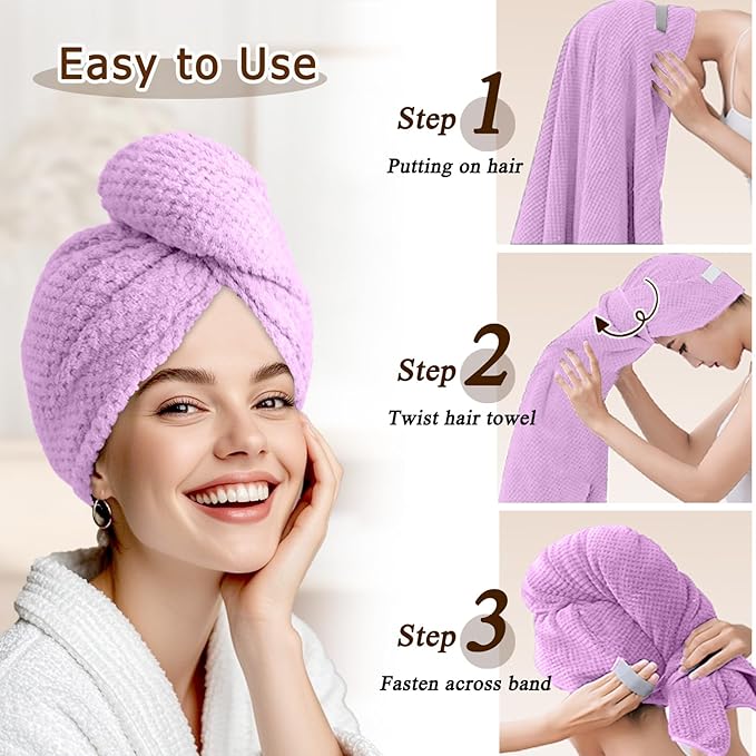 Netcken Large Microfiber Hair Towel for Women,Super Soft Anti Frizz & Quick Dry for Curly Hair,Ultra Absorbent Hair Wrap Towels for Long,Thick,Wet Hair 24x42 Inches (Purple)