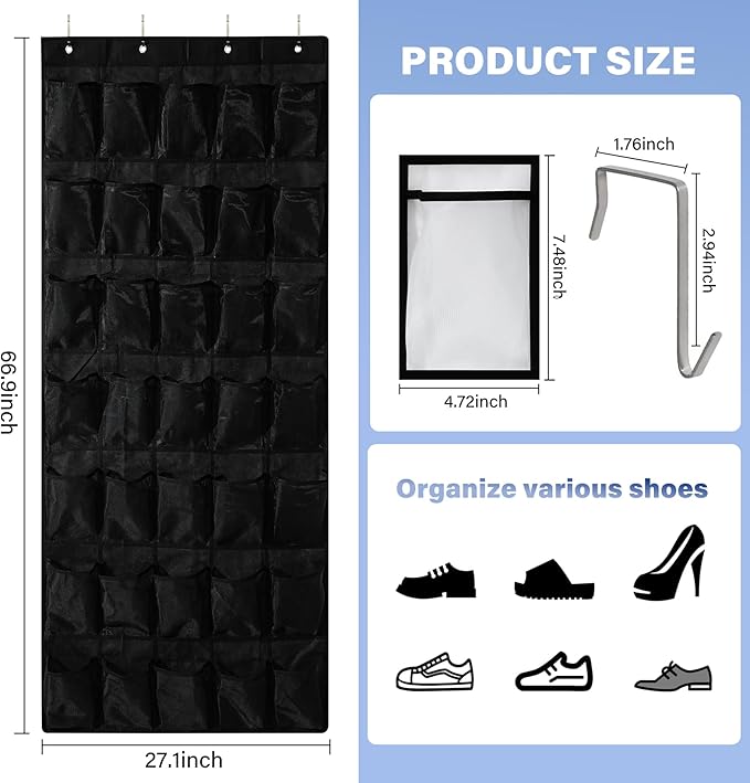 Teikou 35Large Pockets Over The Door Shoe Organizer, Mesh Pockets Shoe Holder Rack, Capacity hanging shoe organizer，door shoe rack With 4 Metal Hook.