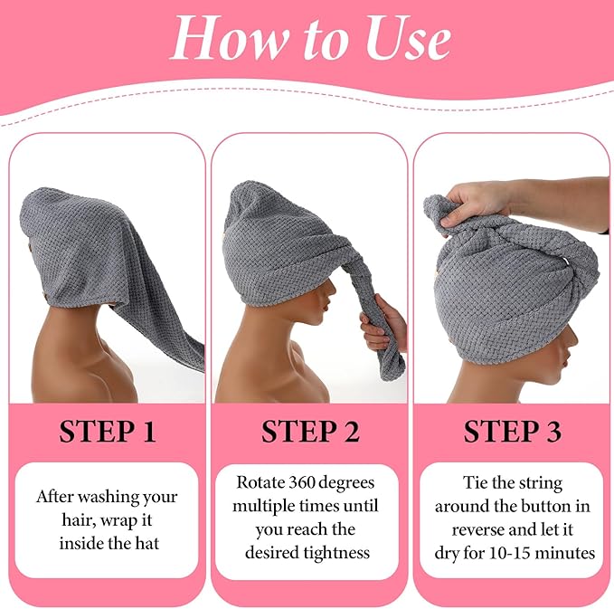 Azefnuhk 2 Pack Hair Towel Wrap for Women, Super Absorbent Quick Dry Hair Turban, Large Hair Drying Towel with Button for All Style Anti Frizz, Bathroom Must-Have for Ladies (Gray, Camel)