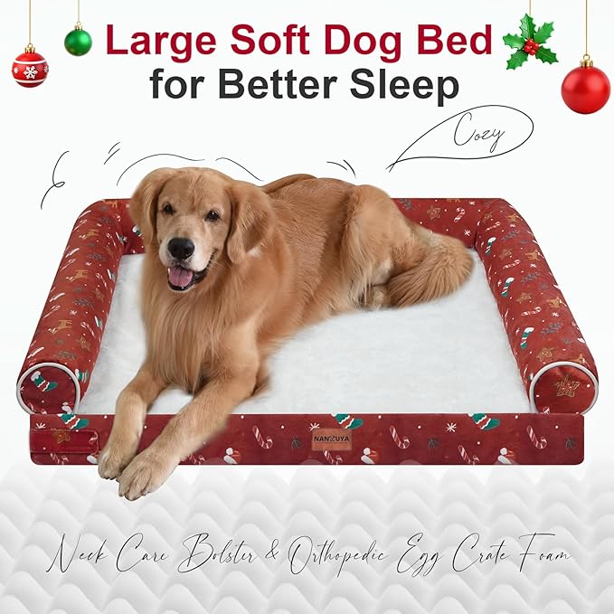 Large Dog Bed Orthopedic Washable: Christmas Pattern Big Dogs Beds with Bolster Puppy Sofa Couch Waterproof Removable Cover - Red