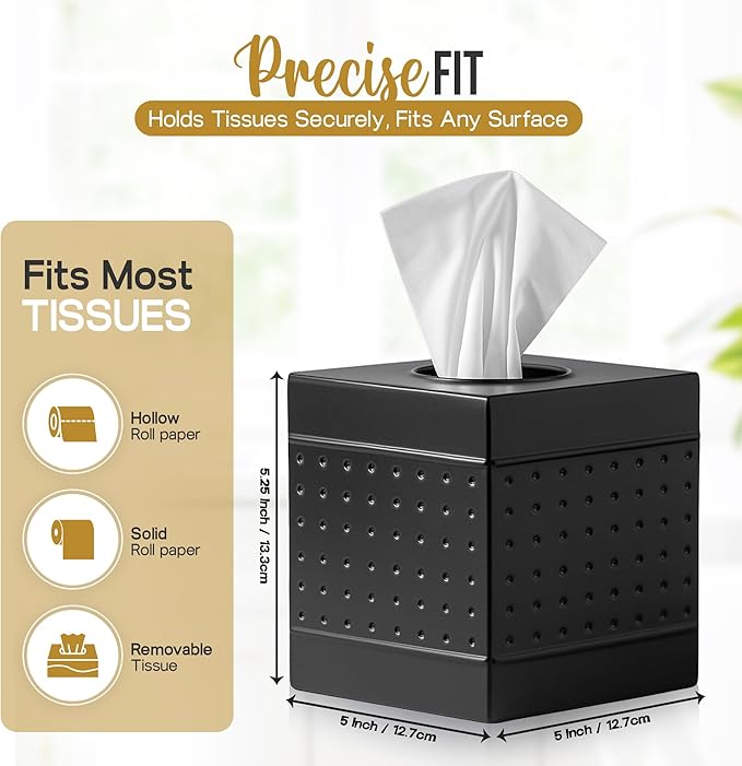 Handmade Metal Tissue Box Cover - 5x5x5.25 Inch - Square Matte Black Tissue Holder – Modern Tissue Cover Box Adds Sleek Style to Bathroom, Bedroom & Office Décor