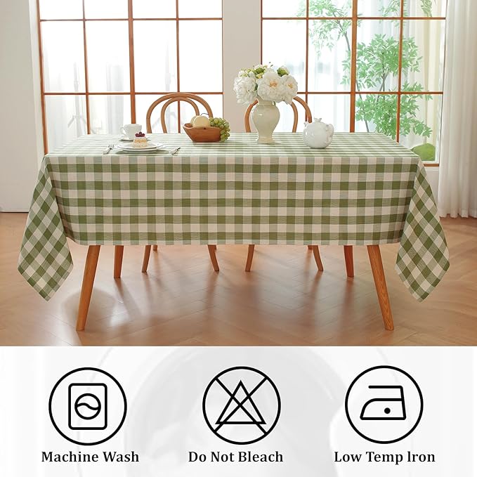 Alsoo Gingham Tablecloth Rectangle Checkered Table Cloth Cotton Linen Fabric Wrinkle Free Washable Buffalo Plaid Table Cover for Kitchen Dining Picnic Camping, Green and White, 60 * 60 inch