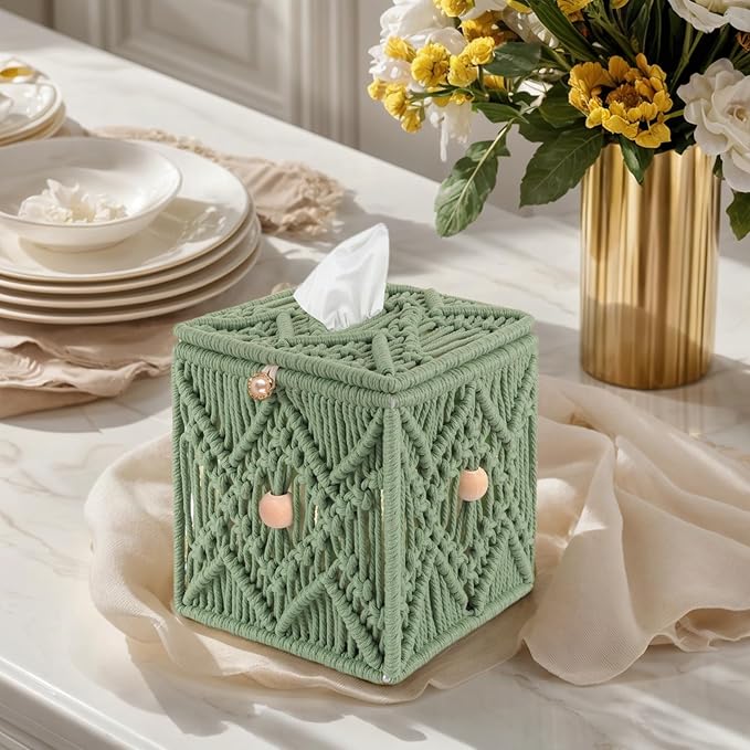 KaloKalo Handmade Tissue Box Cover Decorative Macrame Boho Square Tissue Holder Cotton Rope Woven Napkin Facial Paper Organizer Bohemian Desk Storage Container with Buckle Wood Beads (Light Green)