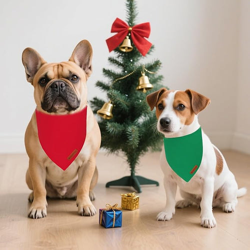 ADOGGYGO 2 Pack Red Green Dog Bandanas, Soft Cotton Solid Color Pet Triangle Scarf, Adjustable DIY Christmas Bandanas for Small Dogs (Small)