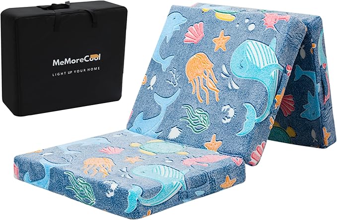 MeMoreCool Foldable Floor Mattress for Kids, Glow Trifold Mat, Kids Folding Mattress Portable Futon, 57x22 Inch Blue