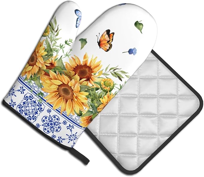 Sunflower Oven Mitts and Pot Holders Sets Yellow Floral Butterfly Oven Mitts Heat Resistant Blue Boho Farmhouse Spring Summer Decorative Oven Gloves Hot Pad for Kitchen Cooking Baking Grilling Dining