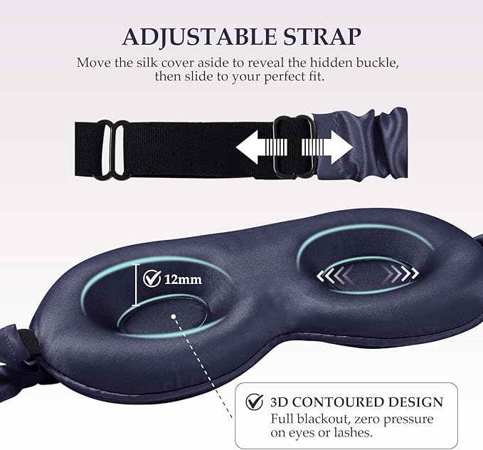 SGMSILK 100% Mulberry Silk Sleep Mask for Unisex, 22 Momme 3D Silk Contoured Eye Mask, Breathable Light Blocking Blindfold with Adjustable Strap, Blackout Eye Cover for Travel, Blue